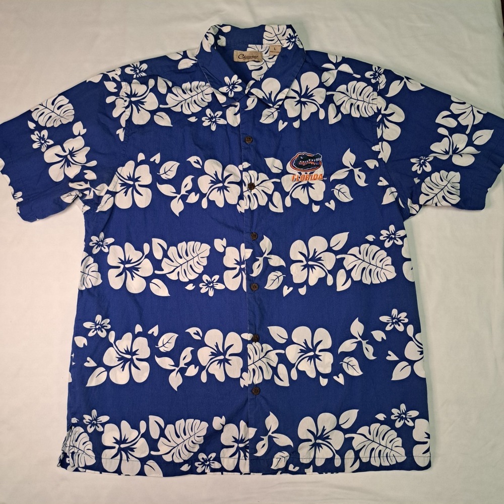 Chiliwear FL Gators Blue Floral Cotton Button-Up SS Shrt Men L Game Day Tailgate